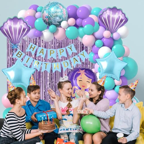 Image of Rozi Decoration Mermaid Birthday Party Decoration Set, 61 Pieces, Purple and Turquoise Balloon Arch Kit with Banner, Shell Balloons, Foil Curtain