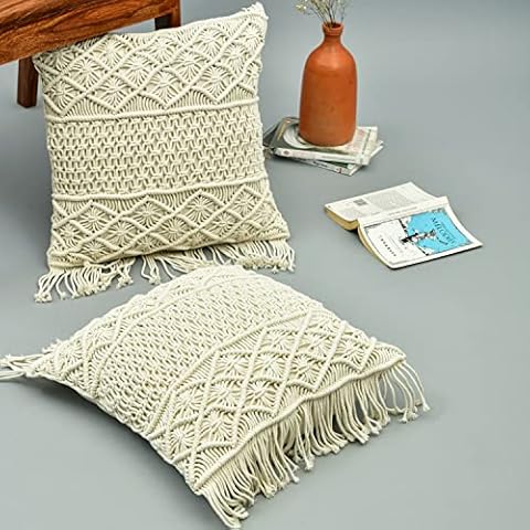 HOMEMONDE Throw Pillow Covers 18x18 Inch Boho Macrame Decorative Cushion Cover Set of 2, Ivory Cover