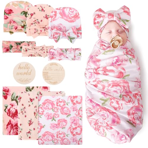 Image of DRESHOW BQUBO Baby Girl Newborn Floral Receiving Blankets with Bow Hat Headband Wooden Birth Announcement Card Set Newborn Baby Swaddle Blanket Toddler Warm Shower Gift