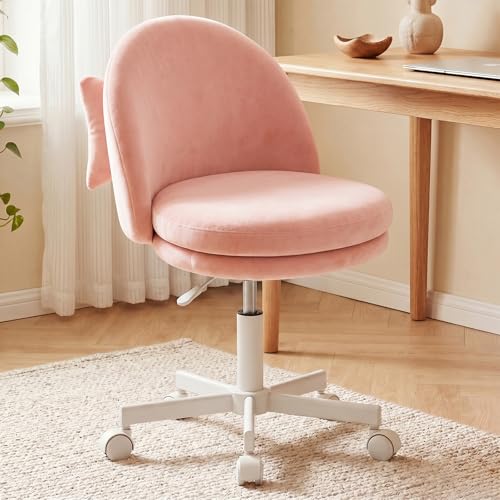 Image of GTPLAYER Velvet Tall Office Chair with Wheels Vanity Chairs with Back, Versatile Height Use: Office to Bar Stools Small Ergonomic Comfy Armlees Computer Desk Chair with Bow Lumbar Pillow for Gift