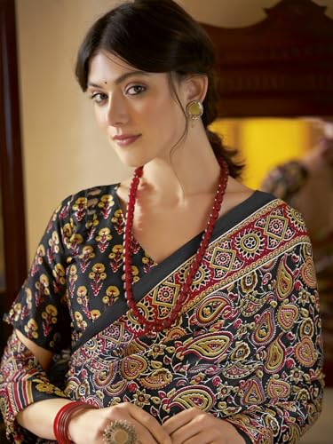 Image of SAREE MALL Women's Ajrkh Print Satin Crepe Polka Dot Printed Saree With Unstitched Blouse Piece