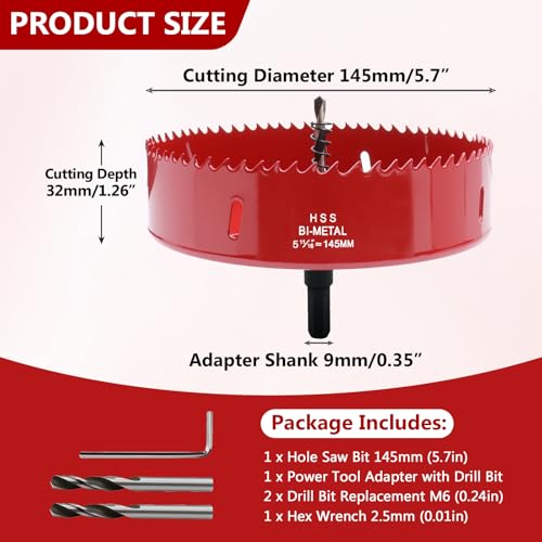 Image of 5.7 Inches /145mm Bi-Metal Hole Saw with Pilot Bit & Arbor | Red-Coated, Cuts Fiberboard, Wood, Drywall, Plastic, Soft Metal, PVC, Cornhole Boards, For Precision Drilling