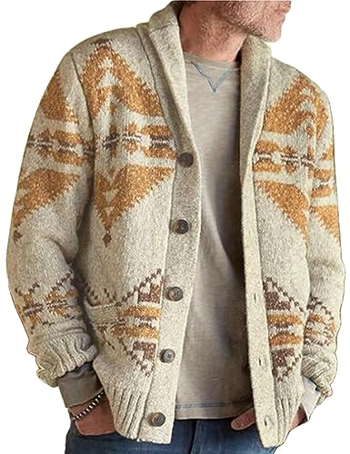 Perbai Mens Shawl Collar Aztec Print Long Sleeves Button Front Knit Cardigan Sweater Jacket(Khaki-S)