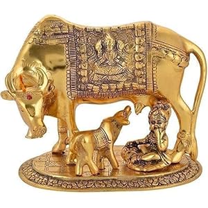 Kamdhenu Cow with Calf & Krishna Gold Colour,Brass,Home Decorative Figure Showpiece | Gold,Standard,Spiritual showpiece | Nandi Cow and Krishna Decorative Showpiece