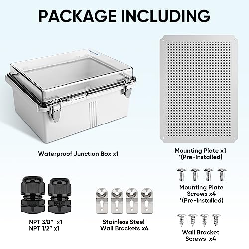 Image of TICONN Outdoor Electrical Box Waterproof, Junction Box IP67 ABS Plastic Enclosure with Hinged Cover with Mounting Plate, Wall Brackets, Cable Glands (Clear, 17.7 inchx13.8 inchx7.9 inch)