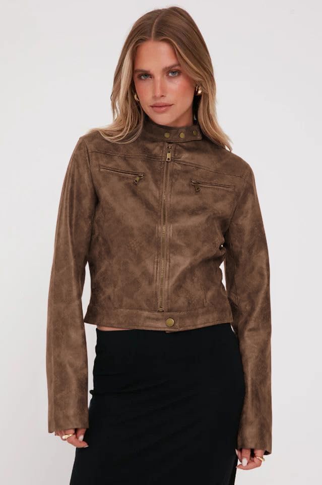 Onedreamer Women's Faux Leather Cropped jackets Casual Vintage Zip Up Stand Collar Motorcycle Short Coat Jacket - Image 4