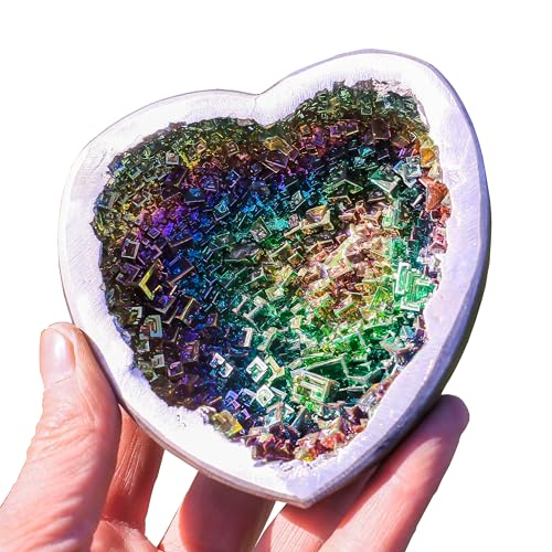 Image of Heart-Shaped Bismuth Crystal Ore Bowl - 4.25 inch Inch, 560g (19.7 oz) - Iridescent Rainbow Metal Art, Home Decor, Mineral Specimen