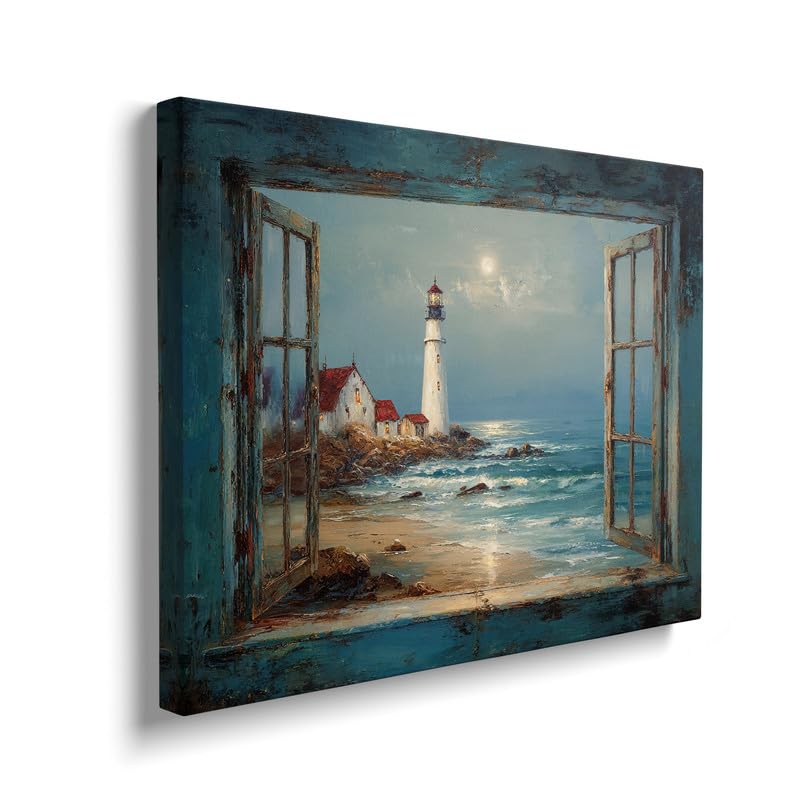 Lighthouse Canvas Wall Art Vintage Nautical Beach Pictures Coastal Painting Ocean...