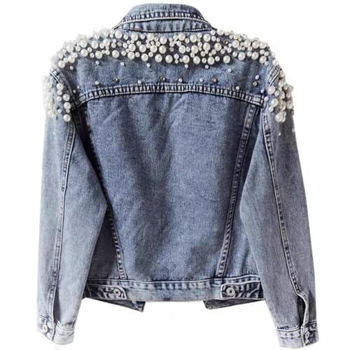 Womens Rhinestone Denim Jacket Trendy Casual Coats Oversized Pearl Jean Jacket Long Sleeve Button Up Coat4