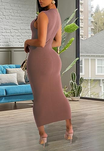 Image of YouSexy Sexy Bodycon Ribbed Tank Dress for Women Sleeveless Casual Party Club Midi Dresses