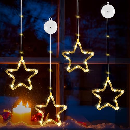 DazSpirit 4 Luces Ventana Navidad Estrella, 13 LEDs Estrella Navidad con Luz con 8 Modos y Temporizador Auto, LED Luces de Ventana, Cortina Led Pilas para Ventanas, Puertas y Fiesta (Blanco Cálido)
