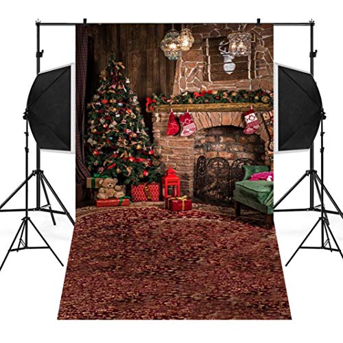 Wensltd Christmas Backdrops Tree Vinyl 3x5FT Fireplace Background Photography Studio (D)