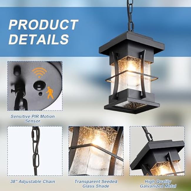 Motion Outdoor Pendant Light Fixture with Dusk to Dawn Sensor Exterior Hanging Lantern with Adjustable Chain Black with Seeded Glass Outside Lights for House Patio Front Porch Lighting