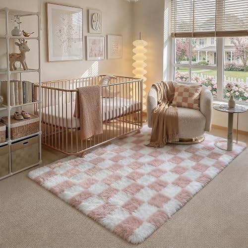 PureCozy Pink Area Rug 4x6 for Kids Room Soft Fluffy Checkered Shag Carpet