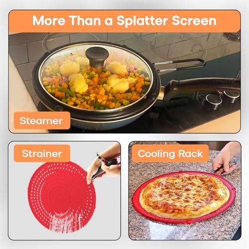 Image of Beckon Ware 11-Inch Splatter Screen for Frying Pan, Silicone, USA Brand | grease splatter guard, Fits 9-11 inch pans, Red, Helps contain cooking grease and oven safe