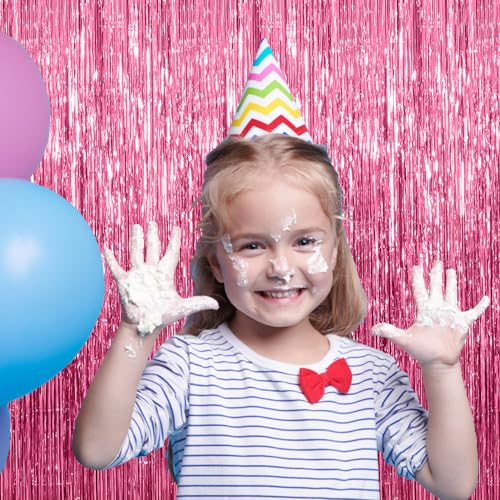 image for K.E.J. 2 Pack Foil Curtain Backdrop Pink Metallic Tinsel Foil Fringe C