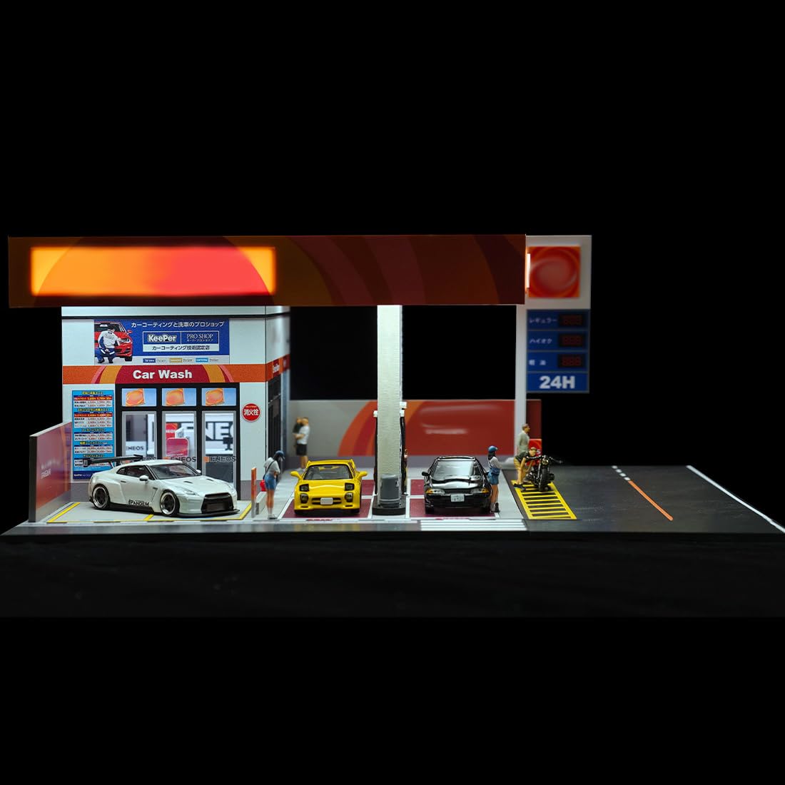 Japońska stacja benzynowa 1:64 scena modelowa, miniaturowy budynek z oświetleniem, miniaturowa stacja benzynowa do wyświetlania samochodów odlewanych pod ciśnieniem, realistyczny zestaw dioram dla