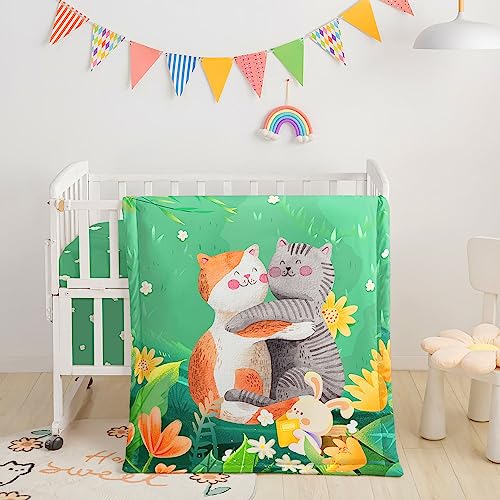 Image of 3pcs Watercolor Grey Orange Cat Rabbit Printed Nursery Bedding Set - Crib Comforter, Sheet, Skirt for Baby Boys or Girls