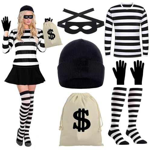 SHAWINKLE Bankräuber Kostüm Damen,Strickmütze,Maske,Handschuhe,Geldbeutel,Kniestrümpfe,T-Shirt,Räuber Kostüm für Halloween Karneval Cosplay (Räuber, XL)