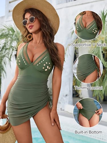 Image of Blooming Jelly Women One Piece Swim Dress Tummy Control Swimsuits Slimming Mesh Sheer Sarong Wraps Bathing Suit