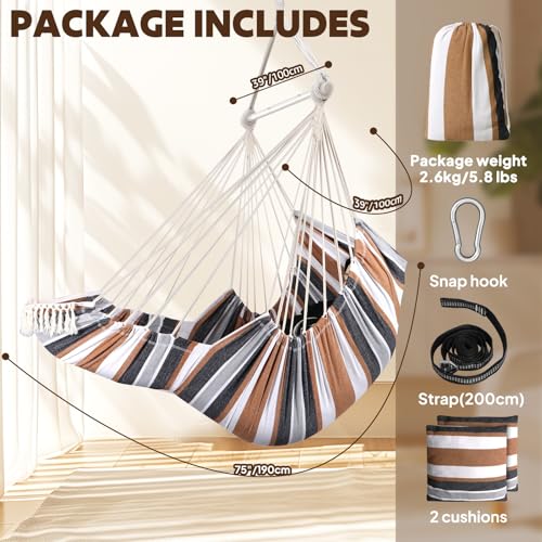 Image of Chihee Hammock Chair Foot Rest 2 Cushions Max 500lbs Metal Spreader Bar | Robust Hanging Chair Soft Cotton Blended Swing Collapsible Easy Storage Strong Strap Iron Carabiner Pocket Indoor Outdoor