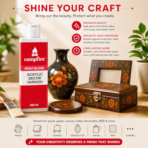 Image of Campfire Acrylic Decor High Gloss Varnish for Art, Craft, Canvas, Wood & DIY Projects | Fast Drying Gloss Varnish with 20 Minutes Settle Time for Best Results (After Dry Transperent, 100 ml)