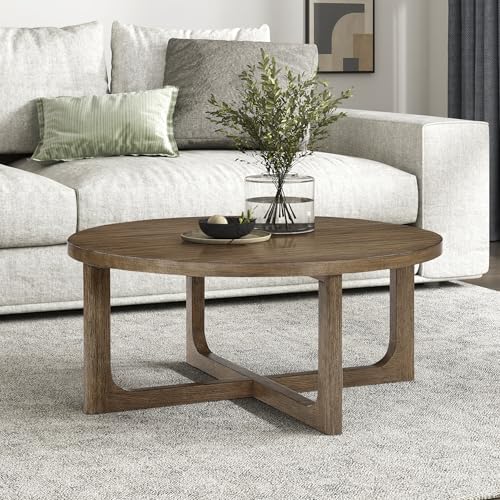 Lexicon Modern Round Coffee Table, 42 Inch Dia. Wood Living Room Table, Walnut Veneer, Sturdy Geometric Wood Base, for Living Room/Lounge/Office/Waiting Area, Easy Assembly, Light Brown