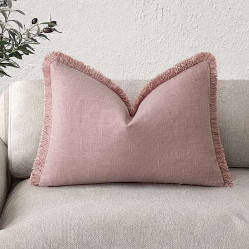 Image of Foindtower Decorative Linen Fringe Lumbar Throw Pillow Covers Cozy Boho Farmhouse Cushion Cover with Tassel Soft Accent Pillowcase for Sofa Bed Living Room Home Decor, 12x20 Inch,1PC,Rose Pink