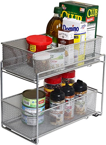 YBM Home Silver 2 Tier Mesh Sliding Spice and Sauces Basket Cabinet Organizer Drawer 2304
