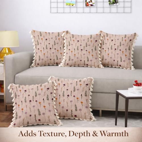 Image of STITCHNEST 'Little Meadow Series' Tassled Cushion Cover | Set of 5 | Floral Cushion Cover 16 inch x 16 inch