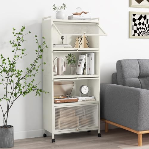 Miniatura 8 de Costway Estantería De Cocina Con Puertas De 5 Niveles, Estante De Microondas Móvil, Armario De Almacenamiento De Cocina Independiente Con Ruedas Giratorias, Para Sala De Estar Y Estudio Blanco