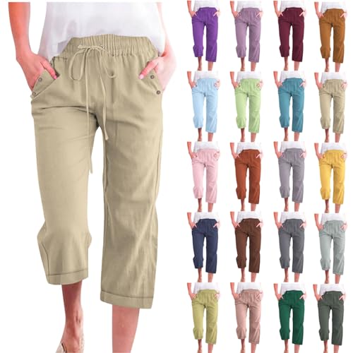Capri Linen Pants for Women Cotton Casual Summer Capris Drawstring High Waist Pants Wide Leg Buttons Cropped Trousers