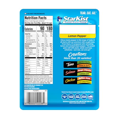 Image of StarKist Tuna Creations Lemon Pepper, 6oz Pouch, 12-Pack | 19g Protein Per Serving, Wild Caught, Shelf Stable Seafood, Gluten Free, Soy Free, No Draining, Ready to Eat for Salads