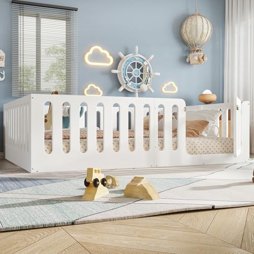 Image of Bellemave Queen Size Kids Montessori Floor Bed,Queen Size Floor Bed Frame with High Fence and Door,Solid Wood Montessori Bed for Girls Boys,White