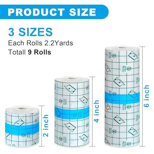 Image of 9 Rolls Tattoo Aftercare Bandages - Autdor Second Skin Tattoo Cover Up Patch Tape Waterproof Transparent Film Wrap for Swimming Shower Tattoos 3 Sizes (2 /4 /6 Inch x 2.2 Yard)