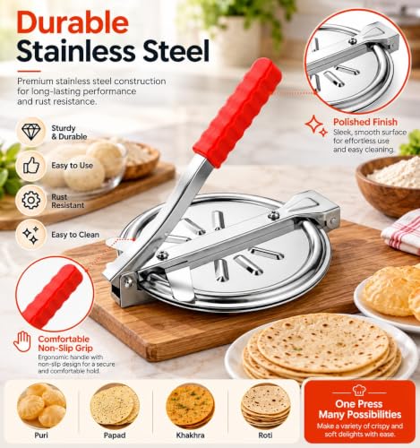 Image of Stainless Steel Manual Roti Maker Press for Chapati, Puri & Tortilla | Round Flatbread Press with Mirror Finish & Red Handle | Kitchen Tool