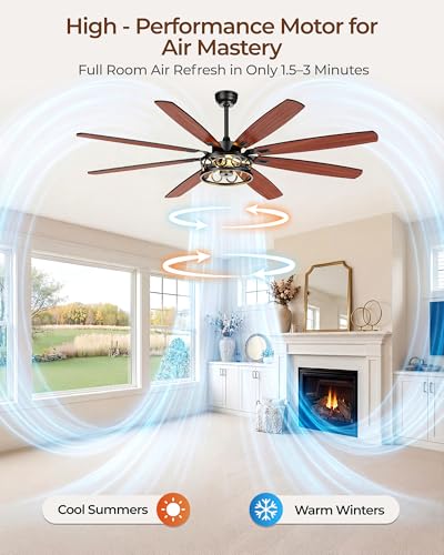 Image of Ceiling Fans with Lights and Remote, 72'' Vintage Caged Ceiling Fan with Light, 8 Blades, 6+1 Speed, Flush Mount Ceiling Fan Whisper-quiet for Farmhouse, Living Room, Kitchen and Porch (72 Inch)