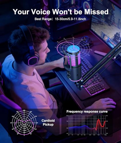 Image of Gaming USB Microphone Kit with Boom Arm - RGB Condenser Mic with Noise Cancellation, Mute Button Reverb Adjustment, Monitoring for Streaming, Podcasting, Discord, YouTube