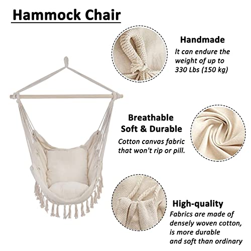 YFWOKSL Sillas Colgantes, Hamaca de Cuerda Colgante con 2 Cojines, Capacidad máxima de 330 Libras, Silla Colgante Grande de macramé con Tejido de algodón de Bolsillo para una Comodidad Superior (neg - imagen 4