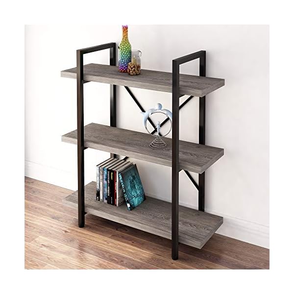 45MinST Vintage Industrial Style Bookcase/Metal and Wood Bookshelf Furniture for Collection，Grey Oak 3/4/5 Tier