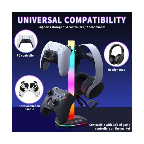 AriKroii Controller Stand with 9 RGB Lighting Modes,Headset and Controller stand with Type C Charging Cable,Gaming Controller Holder for Desk,Desk Accessories for Gamers - Image 5