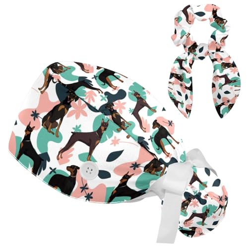 Doberman Dog Leaves Scrub Caps Ponytail, Adjustable Surgical Cap Head Cover for Women Long Hair