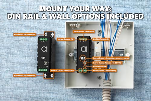 Image of 48V DIN Rail Industrial Power Supply Bundle - 48-52V Adjustable, 2.5A 120W Output with DC Distribution Module, LED Voltage Display, Lightning & Overload Protection, -40C to +85C, Fanless Aluminum