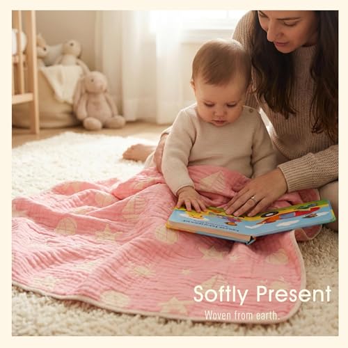 Image of 6-Layer Muslin Baby Blanket Made with Organic Cotton - Serene Ocean Life & Sea Wonders Theme,Swaddle & Crib Quilt, 43 inch x 43 inch,Pink Ocean