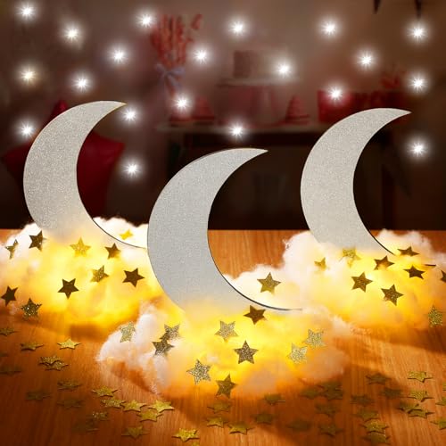 Image of Wonderjune 9 Sets Twinkle Twinkle Little Star Table Centerpieces DIY Moon Stars Baby Shower Decorations Light Star Cloud Decor for Baby Shower Birthday Party DIY Crafts (Glitter Silver)