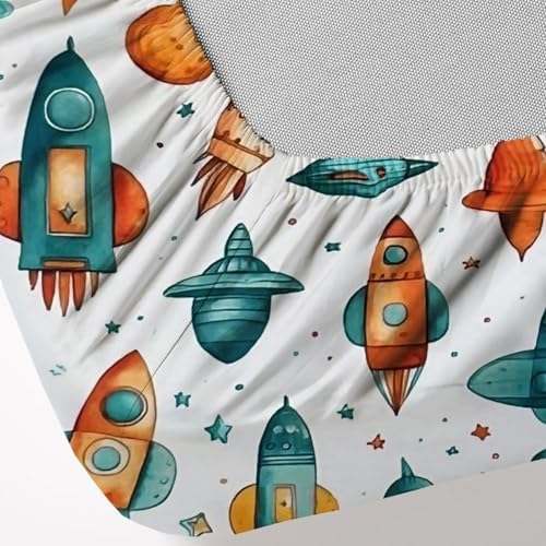 Image of 240 TC Cotton Feel Glace Cotton Elastic Fitted Printed King Size Double Bed Bedsheet with 2 Pillow Covers and Fits Upto 4-6 inches Mattress, Size- 72 inchx78 inch(Rocket)