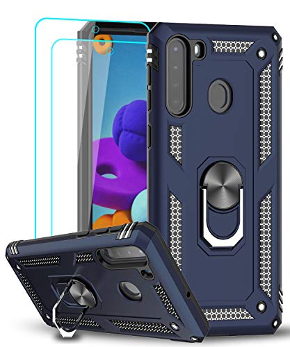Samsung Galaxy A21 Case (Not Fit A20) with Tempered Glass Screen Protector [2 Pack], LeYi [Military Grade] Defender Protective Phone Case with Car Ring Holder Kickstand for Samsung A21, Blue