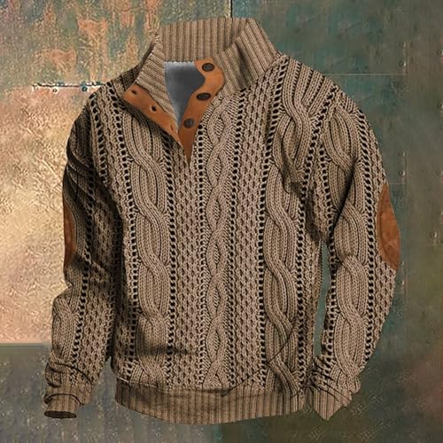 Mens Casual Twist Pattern Pullover Sweatshirts Long Sleeve Cable Knit Sweater Stand Collar Button Up Thermal Pullover2