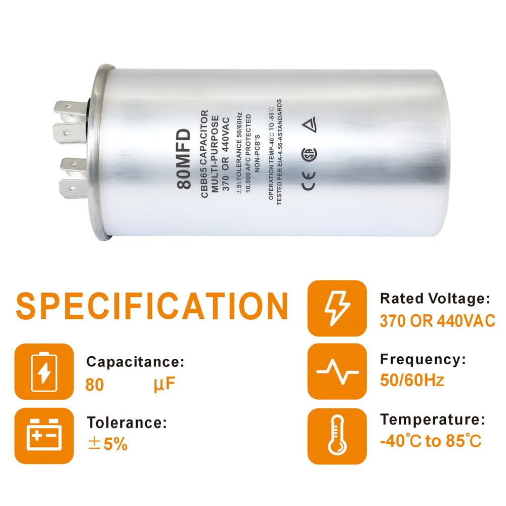 CBB65 Circular Run Capacitor, 450VAC 80 uf/MFD 50/60Hz Circular Start Capacitor - Very Suitable for Air Conditioning, Fan Capacitor, Etc. (80 uf, 2)
