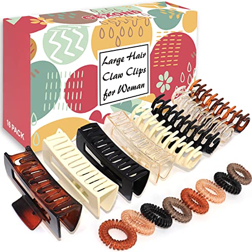 16Pcs Claw Hair Clips for Women Girls, Extra Large Hair Claw Clips for Thick Hair - Big Claws for Hair with Hair Ties, G